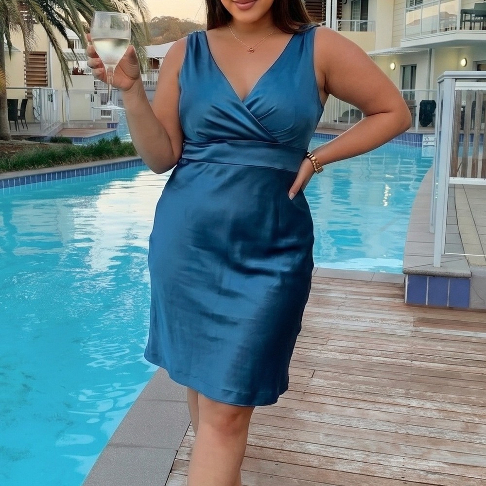 Coldwater Creek Retro Party Summer Pinup 18W Teal Satin V Neck Sheath Dress